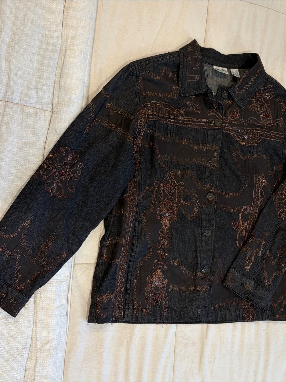 Embroidered Dark Denim Jacket - Unbranded